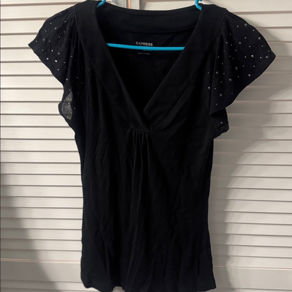Express Black Flutter Sleeve Top with Stud Accents